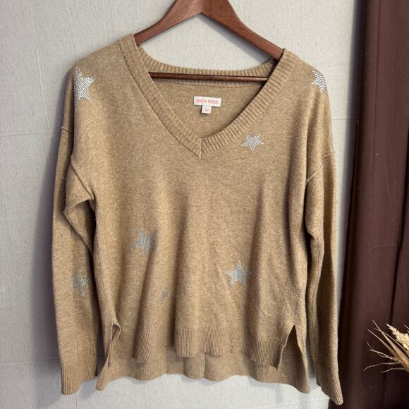 Knox Rose Sweater Size L Tan V-Neck Pullover Soft Knit Rhinestone Star Detail - Picture 2 of 12